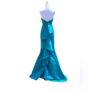Jovani Size 2 Teal Strapless Formal Dress – Cascading Ruffle Back & Beaded Detai